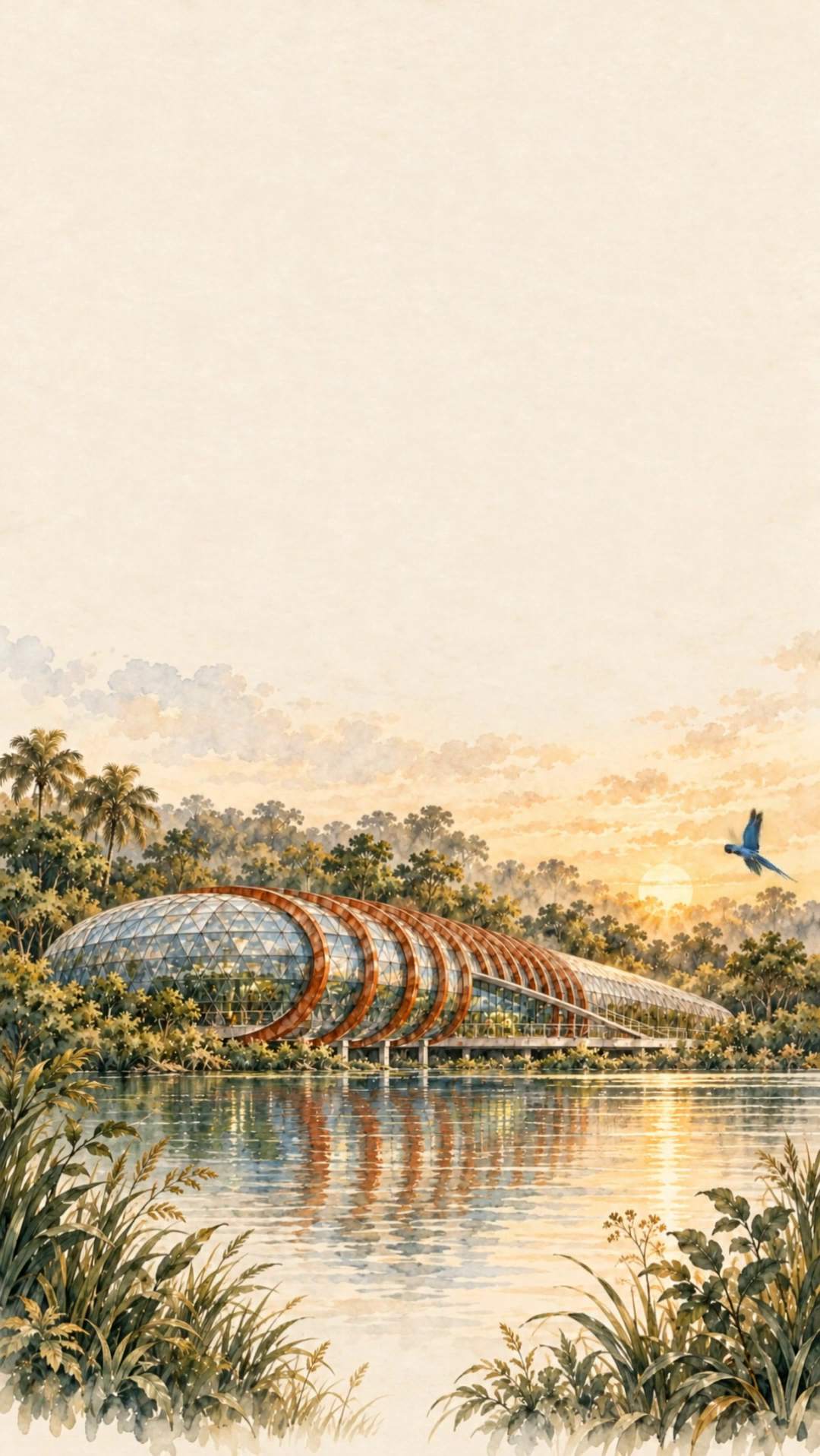 Aquarela do Bioparque Pantanal às margens da água, com uma arara-azul em voo.