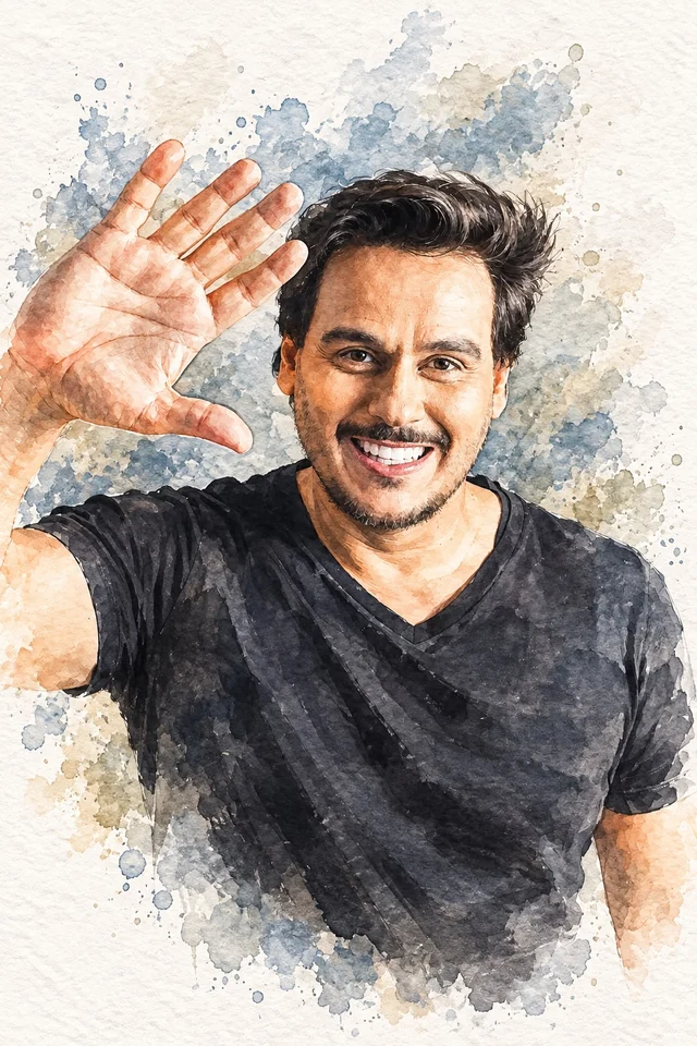 Retrato em aquarela do Dr. Juliano Cáceres, sorrindo e acenando.