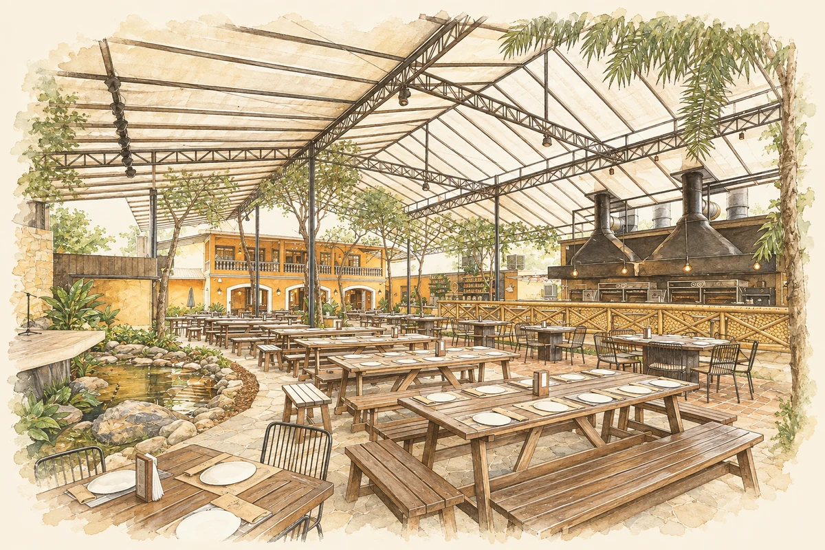 Ilustração do pátio arborizado da Fazenda Churrascada, com mesas e iluminação acolhedora.
